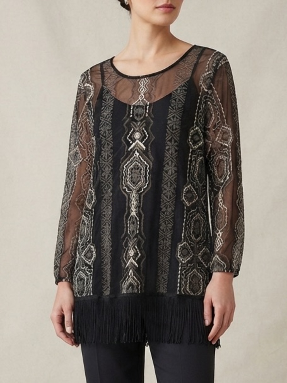 Fringe Black Sheer Evening Embroidered Long Sleeve Top Women’s Size Large